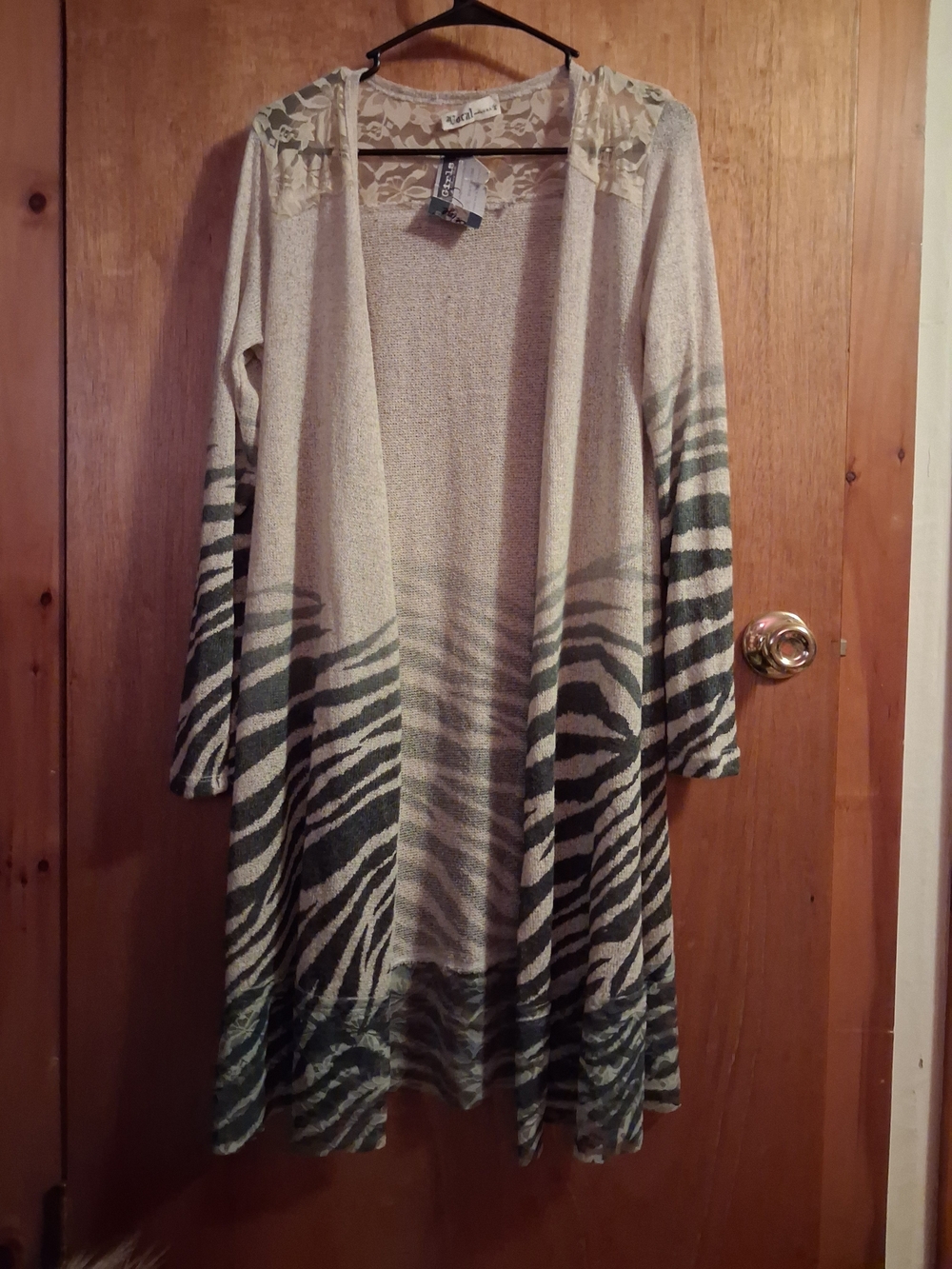Vocal Cream & Blue Semi Sheer Zebra-Print Open Cardigan with Lace Yoke